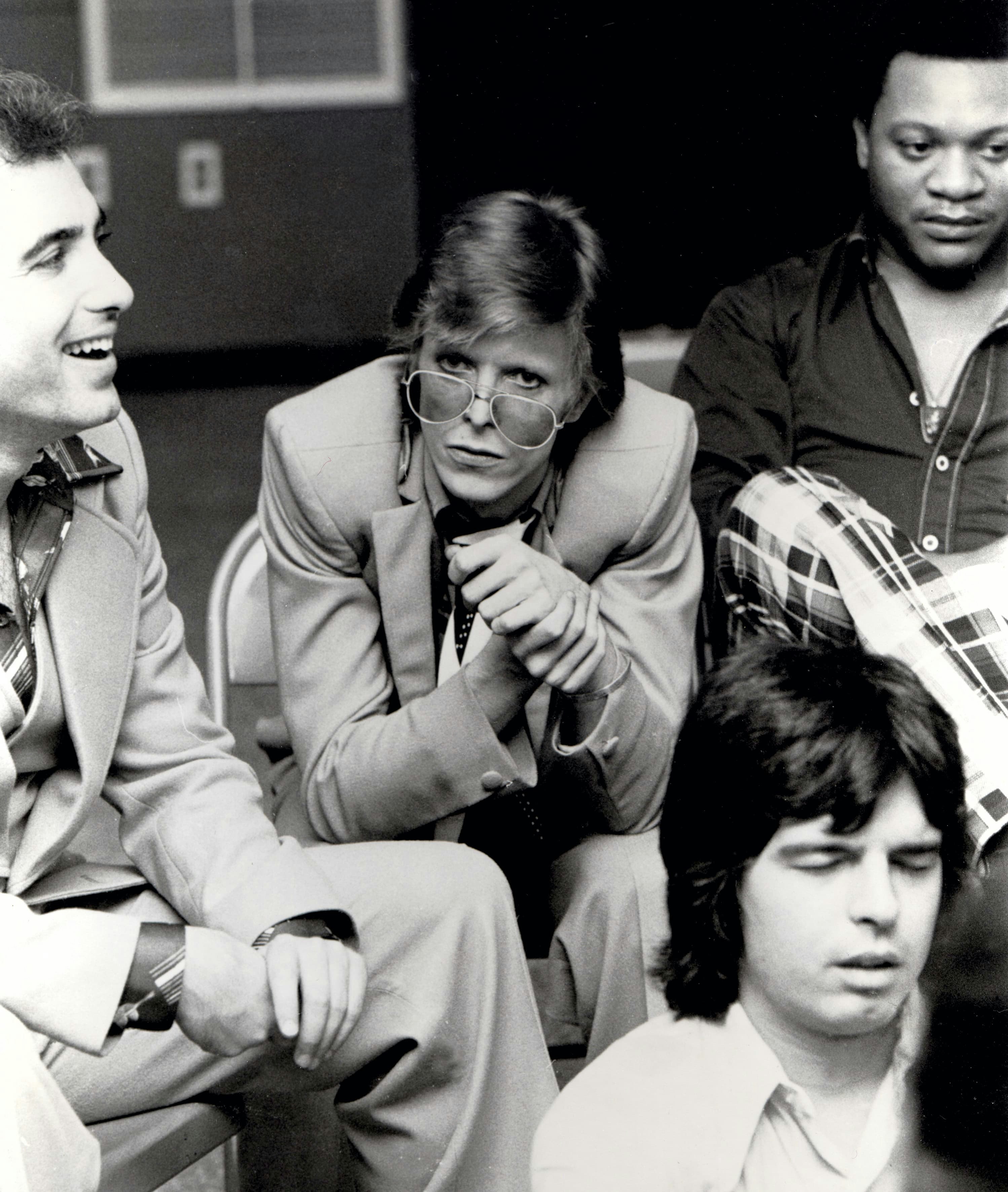 Mike Garson, Bowie, Larry Washington, and Tony Visconti during the Young American listening session at Sigma Sound. Photo by Dagmar.